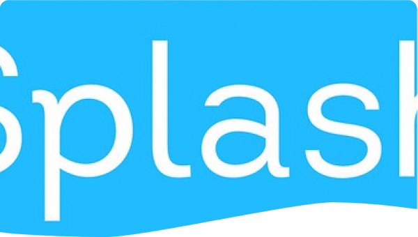 Water droplet shape above the word Splash on a blue background